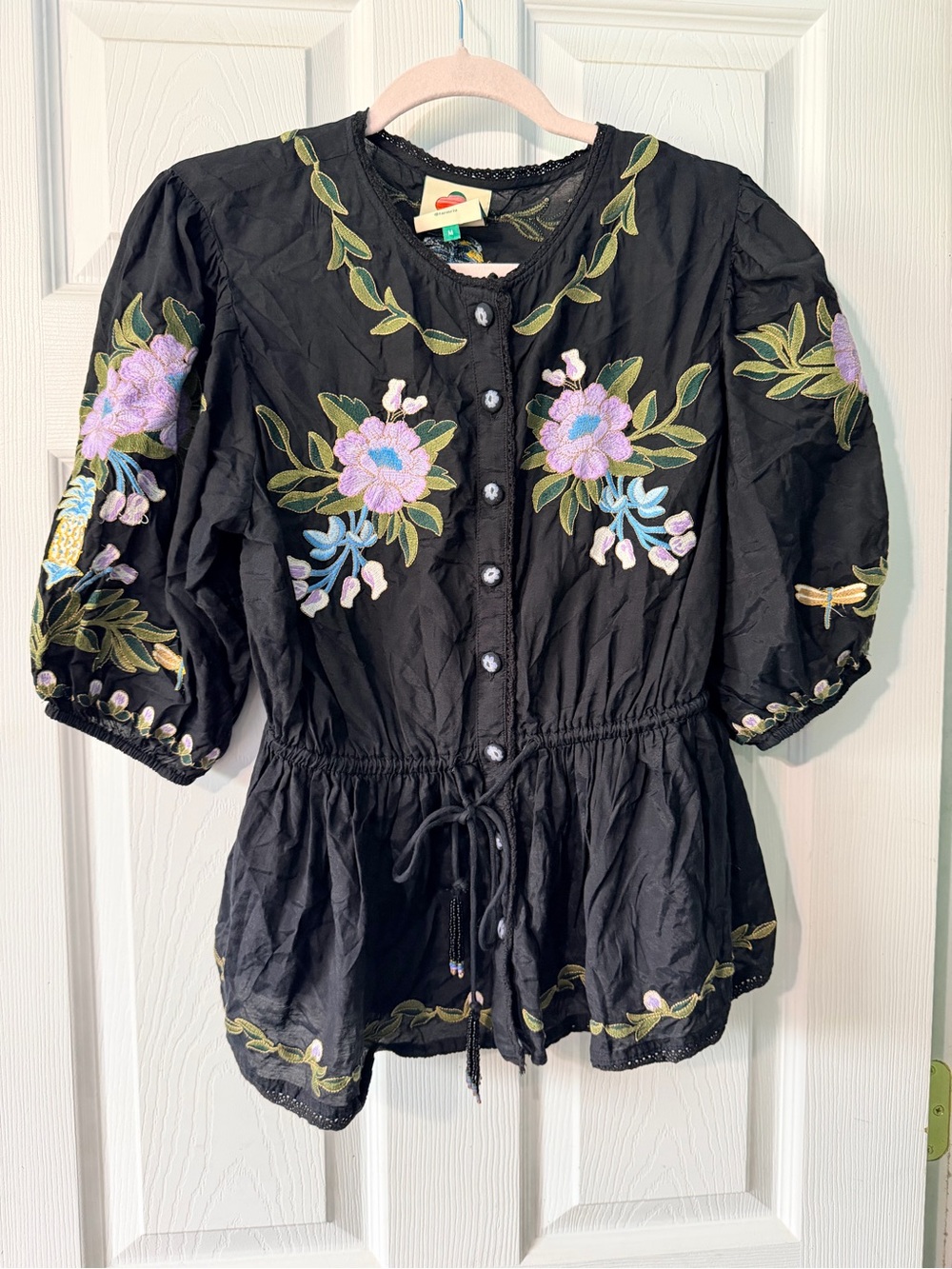 Farm Rio Embroidered Black Peplum Button-Up Top with Pink Floral Accents - Picture 3 of 4